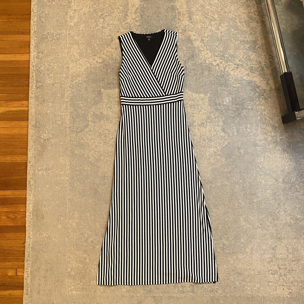 IMNYC Isaac Mizrahi Dress Womens Small Black Stripe Sleeveless Wrap Maxi Knit